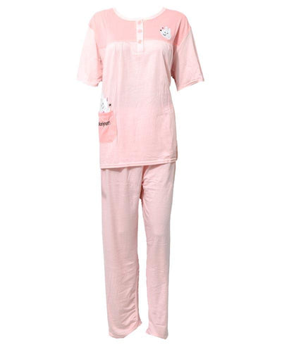 Pink 2 Pcs Nightdress For Girls Plained & Front Button 701 - Women Nightdress