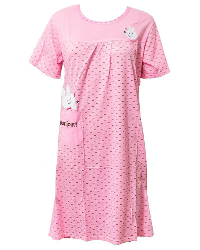 Pink Long Nighty Dotted & Side Pocket 102 -  Women Nightdress