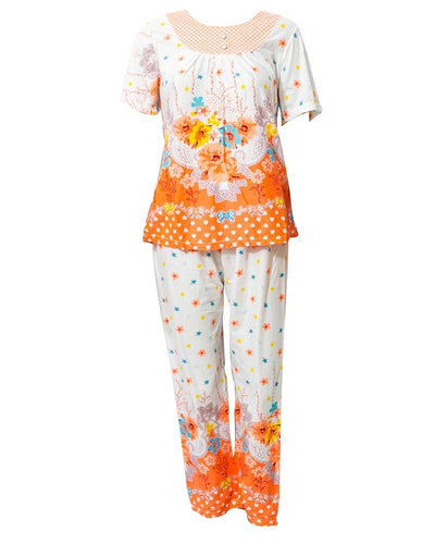 White With Orange Flower Printed Nightwear Suit 2Pc -25.1 Women Nightdress