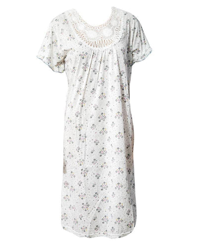 Stylish White Long Nighty With Grey Flower Print 111.9 - Women Nightdress