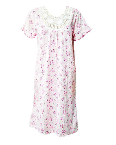 Stylish White Long Nighty With Pink Flower Print 111.9 - Women Nightdress