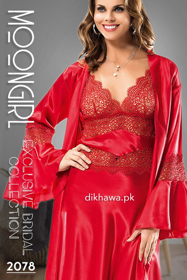 Moongirl - Exclusive Bridal Wedding Nightwear 2Pc Long Nighty Set with Robe 2078 - Turkish Brand