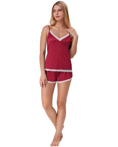 Dark Red Color Cami Set With Lace - Cami-007