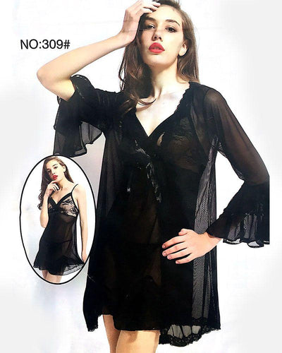 Black See Through Short Nighty With Robe - 309 - Nighty - diKHAWA Online Shopping in Pakistan