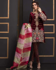 Annus Abrar Velvet & Net Dresses - Embroidered Net Dupatta - Replica - Unstitched