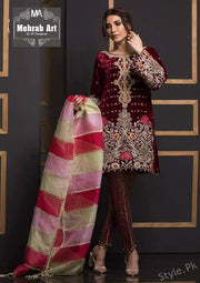 Annus Abrar Velvet & Net Dresses - Embroidered Net Dupatta - Replica - Unstitched