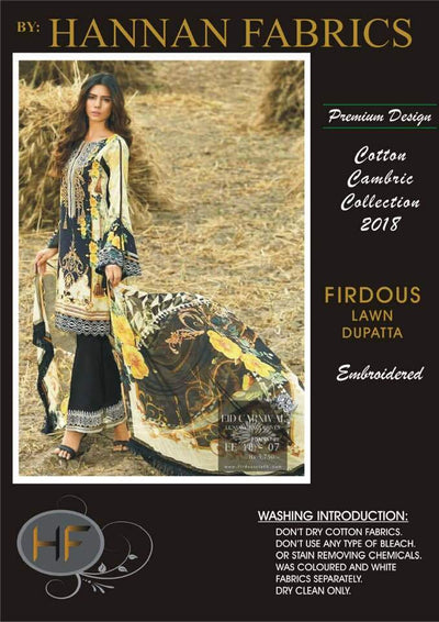 Firdous Cambric Cotton Dresses - Embroidered Lawn Dupatta - Replica - Unstitched