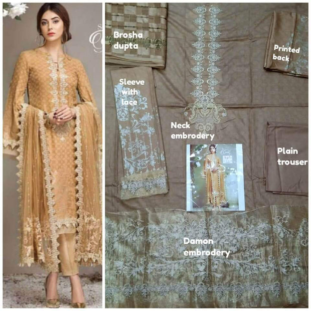 Mina Hasan Cotton Dresses - Embroidered Chiffon Dupatta - Replica - Unstitched