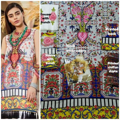 Mina Hasan Cotton Dresses - Embroidered Chiffon Dupatta - Replica - Unstitched