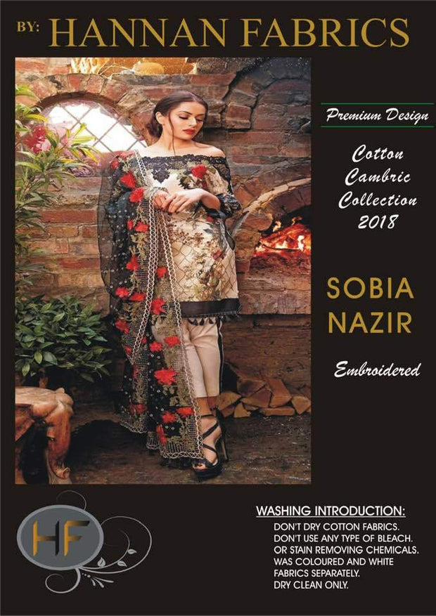 Sobia Nazir Cambric Cotton Dresses - Embroidered Chiffon Dupatta - Replica - Unstitched