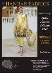 Firdous Cotton Dresses - Embroidered Chiffon Dupatta - Replica - Unstitched