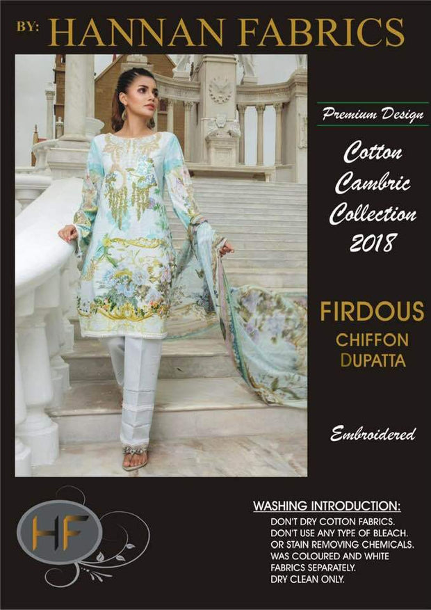 Firdous Cambric Cotton Dresses - Embroidered Chiffon Dupatta - Replica - Unstitched