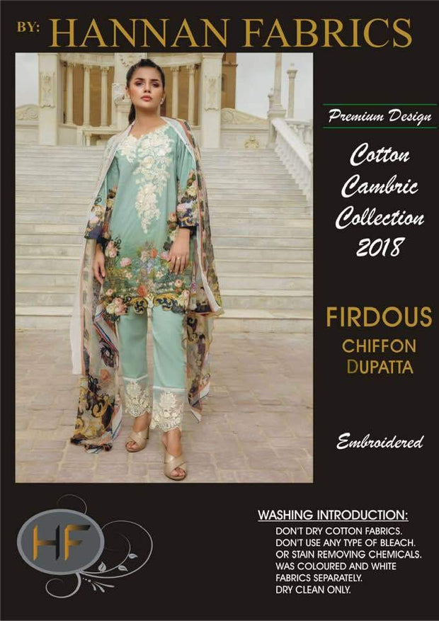 Firdous Cotton Dresses - Embroidered Chiffon Dupatta - Replica - Unstitched