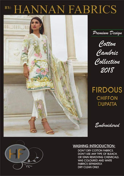 Firdous Cambric Cotton Dresses - Embroidered Chiffon Dupatta - Replica - Unstitched