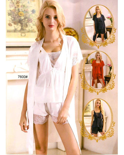 3 Pcs Sexy Slik Short Nighty With Gown - 7600