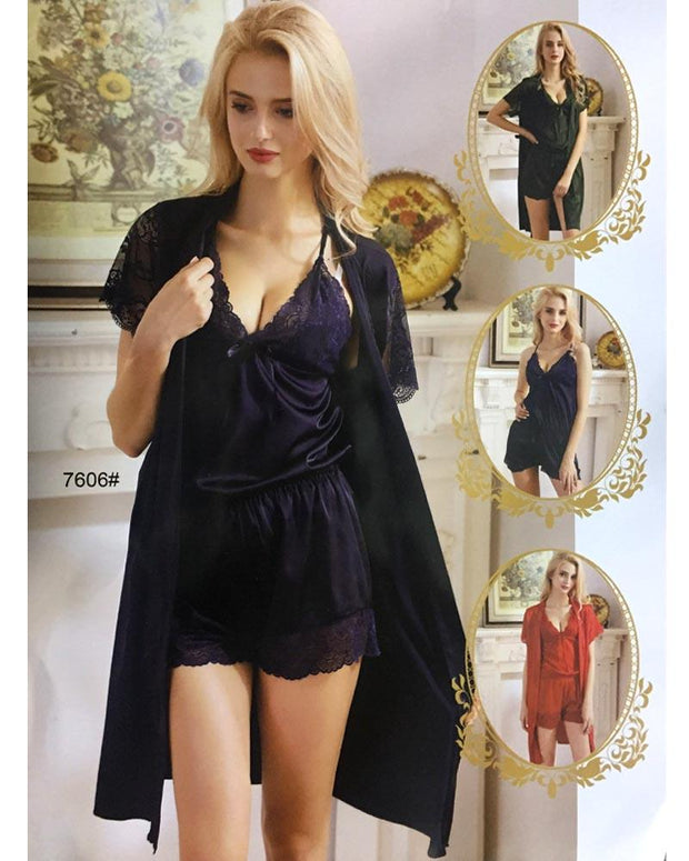 3 Pcs Sexy Slik Short Nighty With Gown - 7606