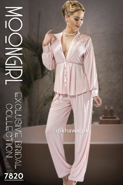 Moongirl - Exclusive Bridal Wedding Nightdress & 2Pc Pajama Set Rose Pink 7820 - Turkish Brand