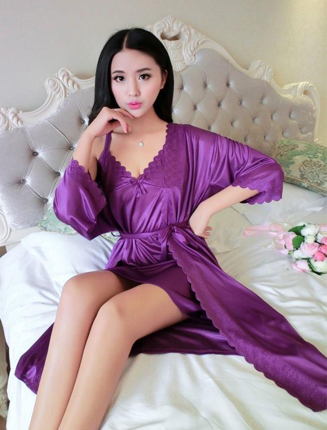 Short Night Dress Full Sleeves Robe Navy Blue Satin