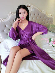 Short Night Dress & Full Sleeves Robe - Navy Blue - Satin