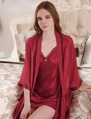 DARK RED SILK 2 PIECE ROBE CHEMISE SET - RB CHE-DR