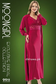 Moongirl - Exclusive Bridal Wedding Nightwear 2Pc Long Nighty Set with Robe 9911 - Turkish Brand