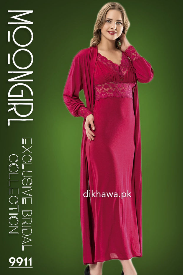 Moongirl - Exclusive Bridal Wedding Nightwear 2Pc Long Nighty Set with Robe 9911 - Turkish Brand