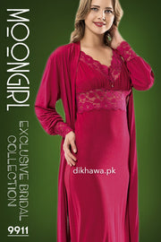 Moongirl - Exclusive Bridal Wedding Nightwear 2Pc Long Nighty Set with Robe 9911 - Turkish Brand