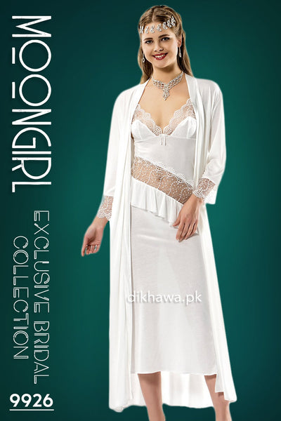 Moongirl - Exclusive Bridal Wedding Nightwear 2Pc Long Nighty Set with Robe 9926 - Turkish Brand