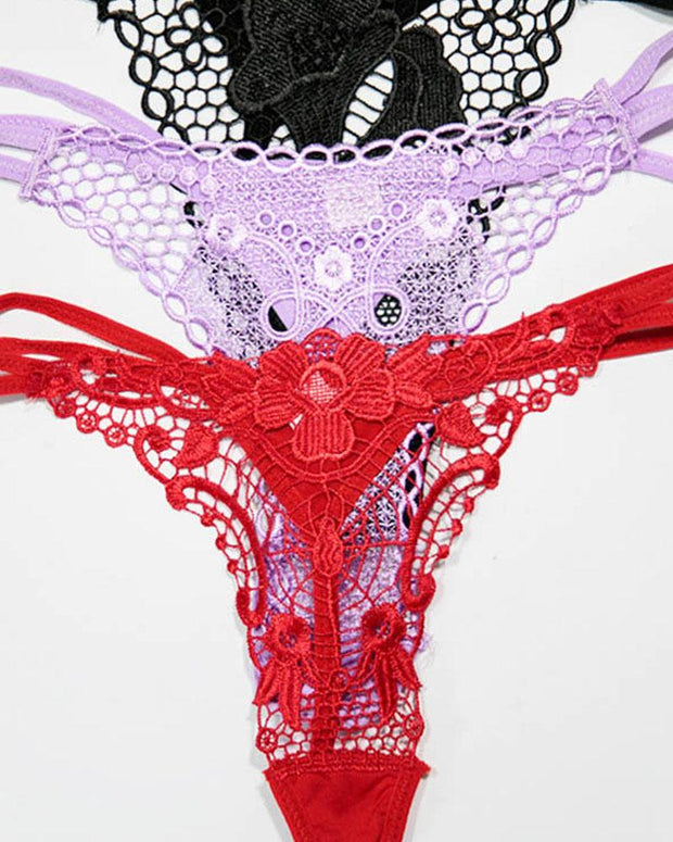 Pack of 3 Embroidered Thong G-String Sexy Lacy Panties – AF-105 – Mix Colors