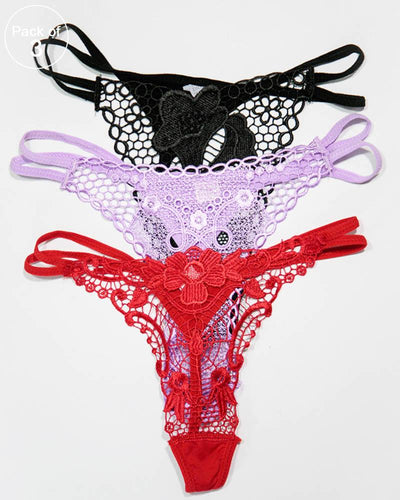 Pack of 3 Embroidered Thong G-String Sexy Lacy Panties – AF-105 – Mix Colors