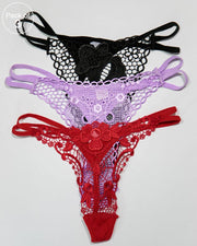 Pack of 3 Embroidered Thong G-String Sexy Lacy Panties – AF-105 – Mix Colors