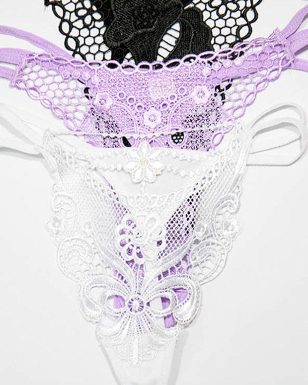 Pack of 3 Embroidered Thong G-String Sexy Lacy Panties – AF-105 – Mix Colors