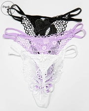 Pack of 3 Embroidered Thong G-String Sexy Lacy Panties – AF-105 – Mix Colors