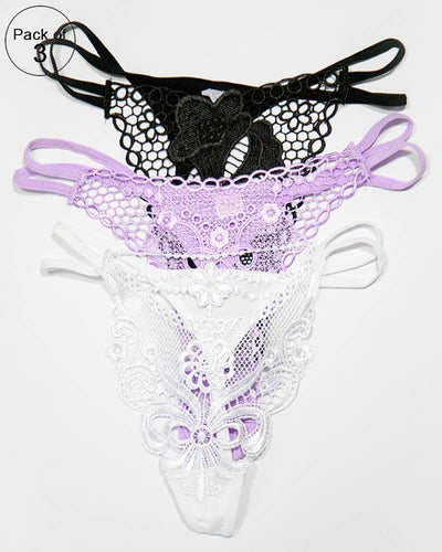 Pack of 3 Embroidered Thong G-String Sexy Lacy Panties – AF-105 – Mix Colors