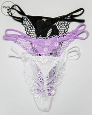 Pack of 3 Embroidered Thong G-String Sexy Lacy Panties – AF-105 – Mix Colors