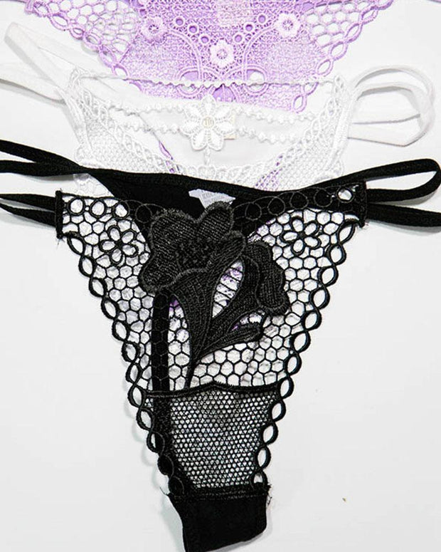 Pack of 3 Embroidered Thong G-String Sexy Lacy Panties – AF-105 – Mix Colors