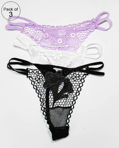Pack of 3 Embroidered Thong G-String Sexy Lacy Panties – AF-105 – Mix Colors