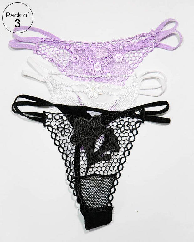 Pack of 3 Embroidered Thong G-String Sexy Lacy Panties – AF-105 – Mix Colors