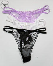 Pack of 3 Embroidered Thong G-String Sexy Lacy Panties – AF-105 – Mix Colors
