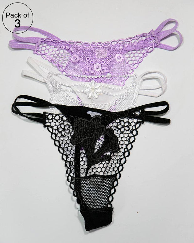 Pack of 3 Embroidered Thong G-String Sexy Lacy Panties – AF-105 – Mix Colors