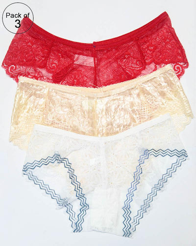 Pack of 3 Womens Embroidered Lace Soft Panties Brief Underwear – AF-106 – Mix Colors