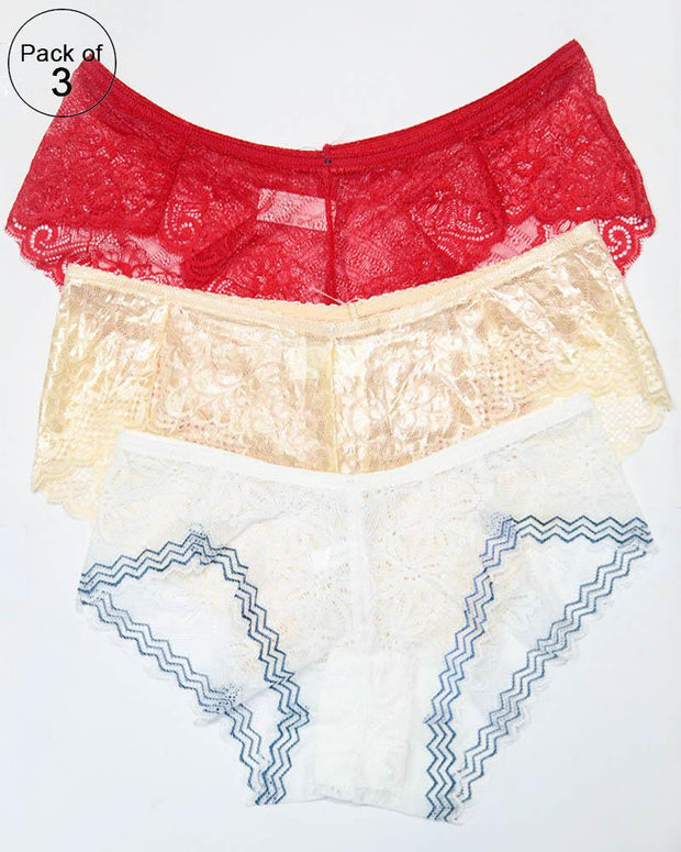 Pack of 3 Womens Embroidered Lace Soft Panties Brief Underwear – AF-106 – Mix Colors