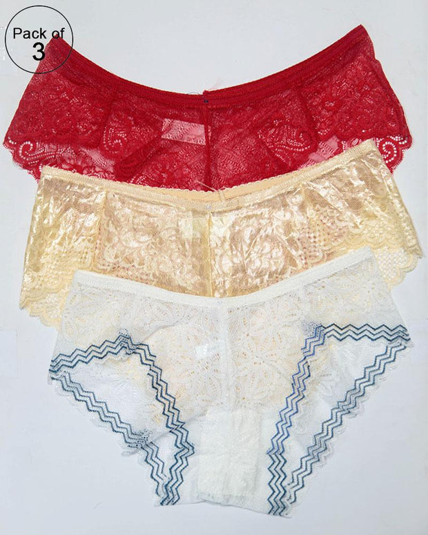 Pack of 3 Womens Embroidered Lace Soft Panties Brief Underwear – AF-106 – Mix Colors