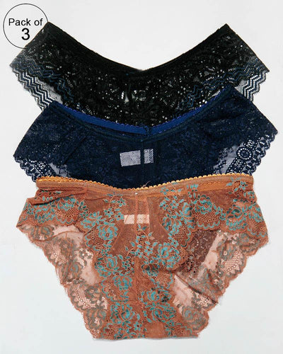 Pack of 3 Womens Embroidered Lace Soft Panties Brief Underwear – AF-106 – Mix Colors