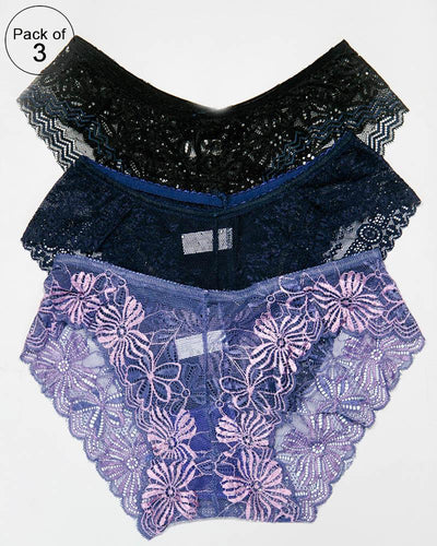 Pack of 3 Womens Embroidered Lace Soft Panties Brief Underwear – AF-106 – Mix Colors