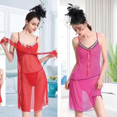 Pack Of 2 See Through Short Nighty  - Red & Pink