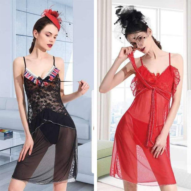 Pack Of 2 See Through Short Nighty  - Black & Red