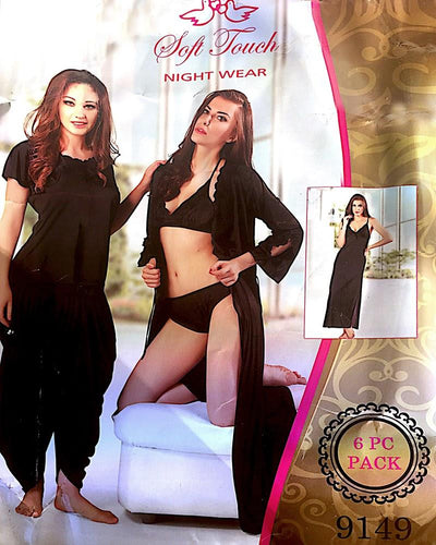 Black Nighty Sets For Wedding And Newly Weds Bridals  - 6 Pcs Set - 9149 - Nighty Sets - diKHAWA Online Shopping in Pakistan