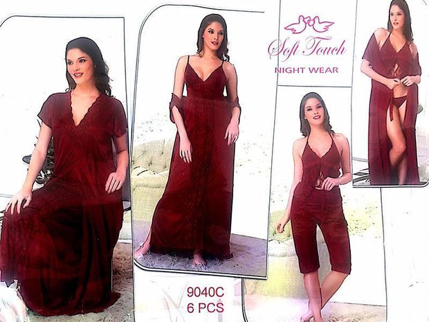 Honeymoon And Wedding Maroon Nighty Sets  - 6 Pcs Set - 9040C - Nighty Sets - diKHAWA Online Shopping in Pakistan