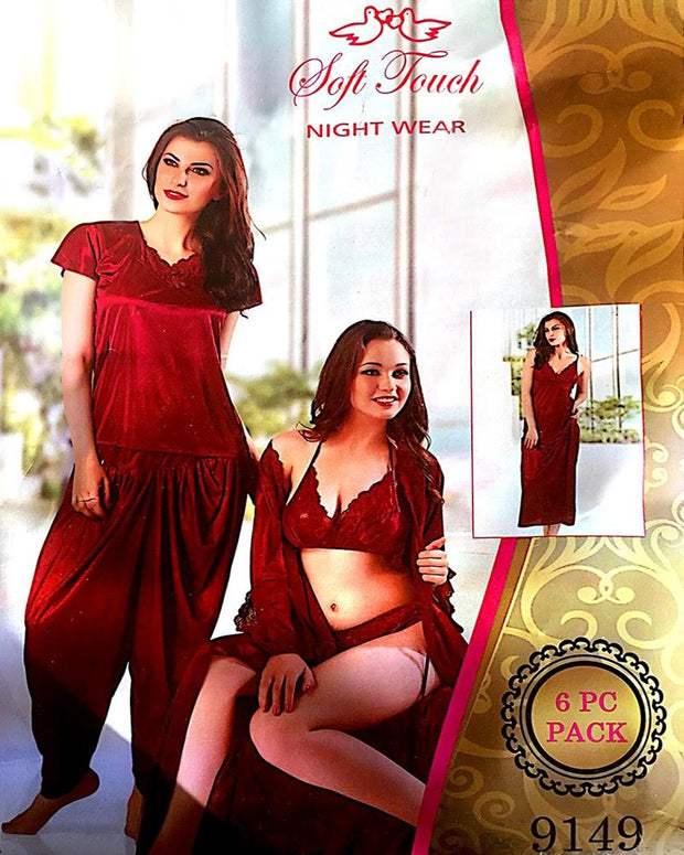 Maroon Honeymoon And Wedding Nighty Sets  - 6 Pcs Set - 9149 - Nighty Sets - diKHAWA Online Shopping in Pakistan